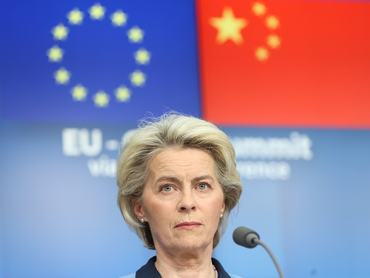 BRUSSEL, BELGIUM - APRIL 01: European Commission President Ursula von der Leyen and President of EU Council Charles Michel (not seen) hold a joint press conference after the EU-China Summit held via videoconferencing in Brussel, Belgium on April 01, 2022. (Photo by Dursun Aydemir/Anadolu Agency via Getty Images)